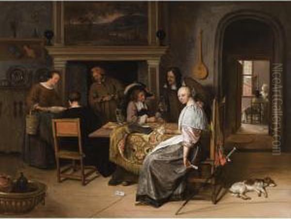 An Elegant Company In An Interior With Figures Playing Cards At A Table Oil Painting by Jan Steen