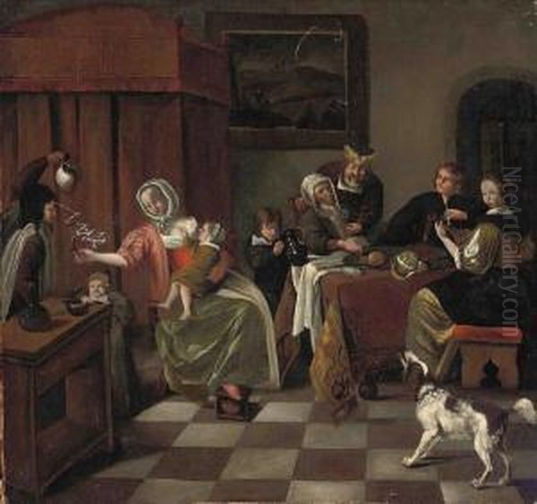 Figures Dining In An Interior Oil Painting by Jan Steen