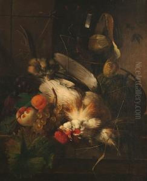 A Still-life Of A Chicken Surrounded By Fruit And Vegetables Oil Painting by Albertus Steenbergen