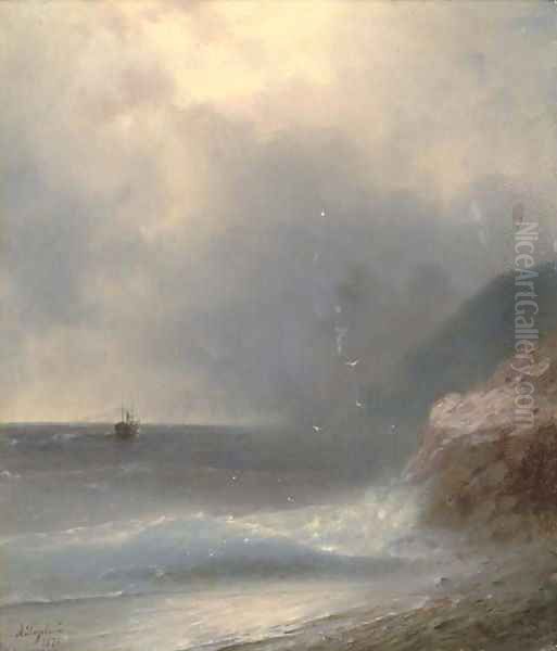 A shipping vessel off the coast Oil Painting by Ivan Konstantinovich Aivazovsky