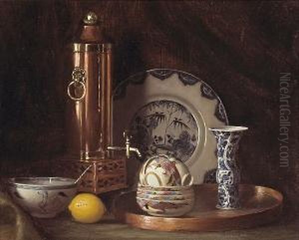 A Still Life Including Blue And White China And A Samovar Oil Painting by Gerard L. Steenks