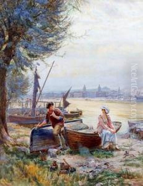 Young Lovers With Boats On The Edge Of The Thames With Greenwich Beyond Oil Painting by Henry Reynolds Steer