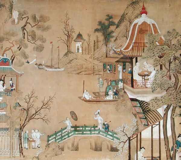 Detail of the wallpaper in the Chinese bedroom depicting a daily life scene, c.1760 Oil Painting by Anonymous Artist