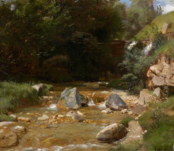 Vue D'une Riviere A Ramsau Pres De Berchtesgaden Oil Painting by Johann Gottfried Steffan