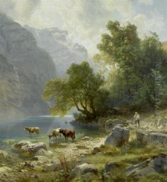 Klonsee In The Glarner Alps Oil Painting by Johann Gottfried Steffan