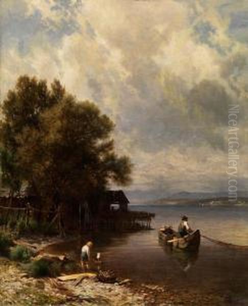 Netze Einziehender Fischer Amtegernsee Oil Painting by Johann Gottfried Steffan