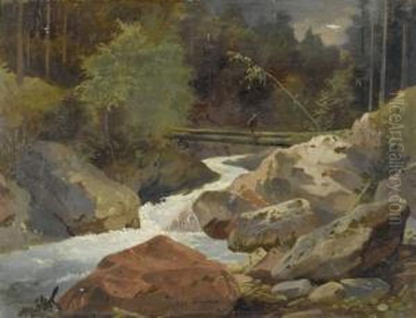 River Landscape With A Log Bridge Oil Painting by Johann Gottfried Steffan