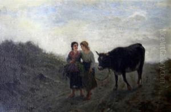 Two Girls Leading A Cow Oil Painting by Luigi Steffani