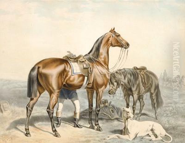 Zwei Reitpferde Und Ein Liegenderhund Oil Painting by Carl Constantin Steffeck