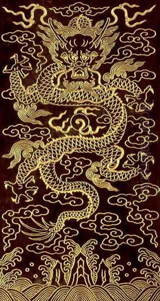 Dragon, cover of the end-folio of a 10 tablet book, 'The Song of the Jade Bowl', written by the Emperor Qianlong, 1745, Chinese Oil Painting by Anonymous Artist