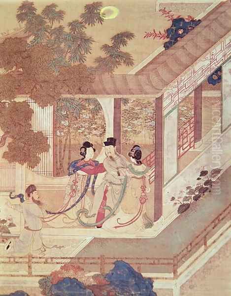 A romantic meeting, illustration from a traditional Chinese novel Oil Painting by Anonymous Artist