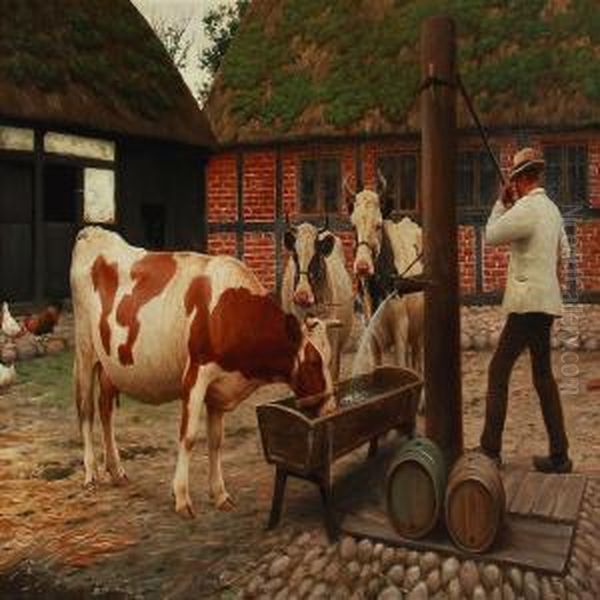 Cows Drinking Water On A Summer Day Oil Painting by Poul Steffensen