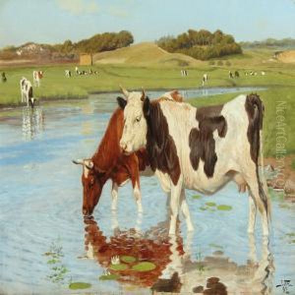 Cows By A Waterhole Oil Painting by Poul Steffensen