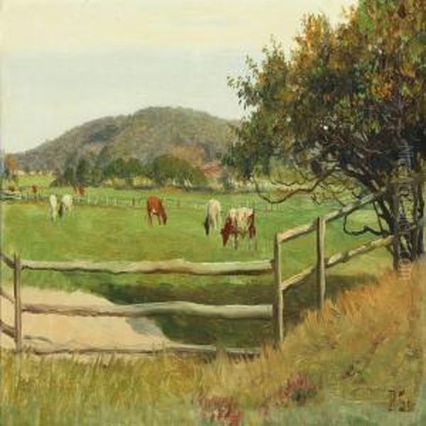 Cows In The Field Oil Painting by Poul Steffensen