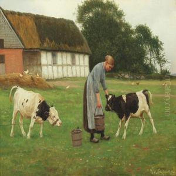 Landscape With A Girl Watering The Calfs Oil Painting by Poul Steffensen