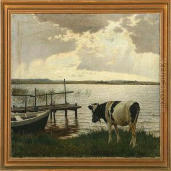 Grazing Cow At A Fiord Oil Painting by Povl Steffensen