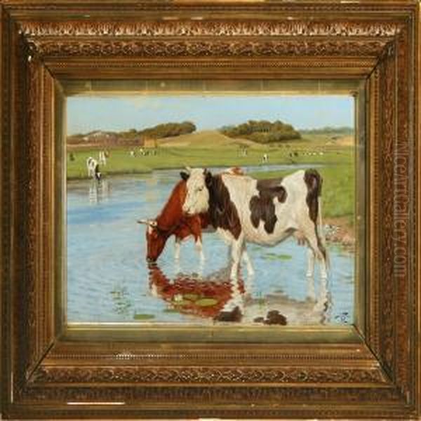 Landscape With Cows At A Small Pond Oil Painting by Povl Steffensen