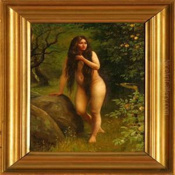 Eve And The Snake In The Garden Of Paradise Oil Painting by Povl Steffensen