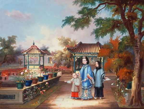 A mother with her children in a chinese garden, c.1850 Oil Painting by Anonymous Artist