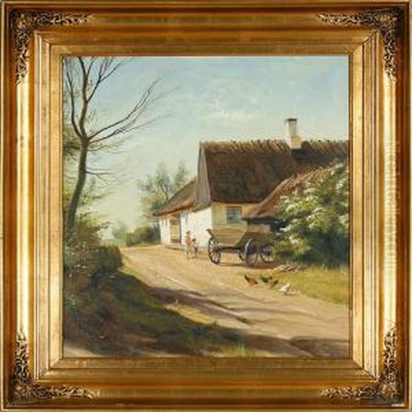 Village Street Withchildren And Chickens Oil Painting by Vilhelm Steffensen