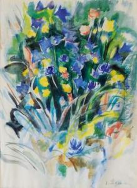 Blumenstraus In Blau Und Gelb Oil Painting by Heinrich Stegemann