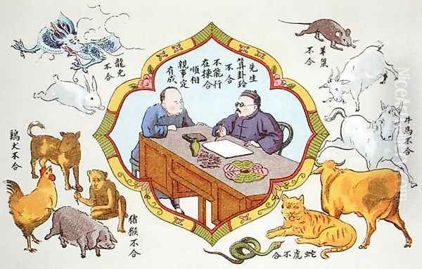 Fortune telling scene and signs of the Chinese zodiac, reproduced in 'Recherche sur les superstitions en Chine', 1911 Oil Painting by Anonymous Artist