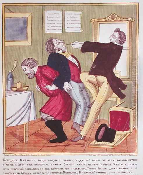 A Dentist Pulling a Tooth, 1857 Oil Painting by Anonymous Artist