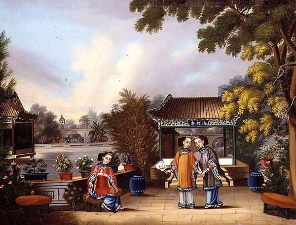 A Hong merchant's garden, Canton, with three Chinese ladies, c.1850 Oil Painting by Anonymous Artist