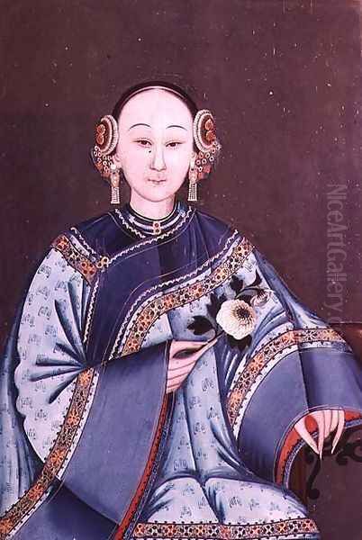 Chinese woman in traditional costume holding a single flower Oil Painting by Anonymous Artist