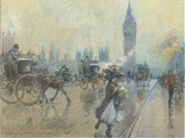 A Busy Westminster Bridge, London Oil Painting by Georges Stein