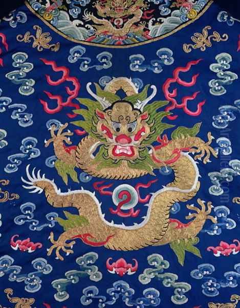 A blue-ground embroidered Kesi dragon robe (detail of dragon) Oil Painting by Anonymous Artist