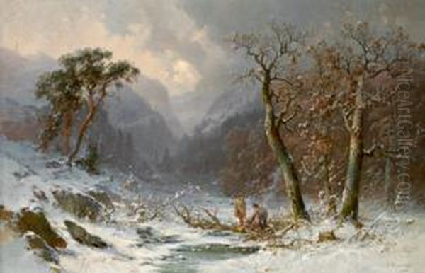 Winterlandschaft Mit Holzsammler Oil Painting by Anton Victor Alex. Steinbach