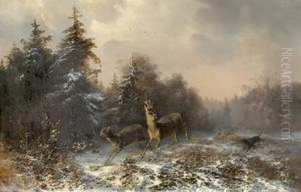 Waldpartie Mit Rehen Und Hund. Oil Painting by Anton Victor Alex. Steinbach