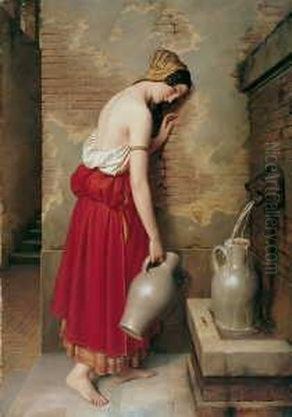 Thisbe An Der Wand Horchend. Oil Painting by Edouard Steinbruck