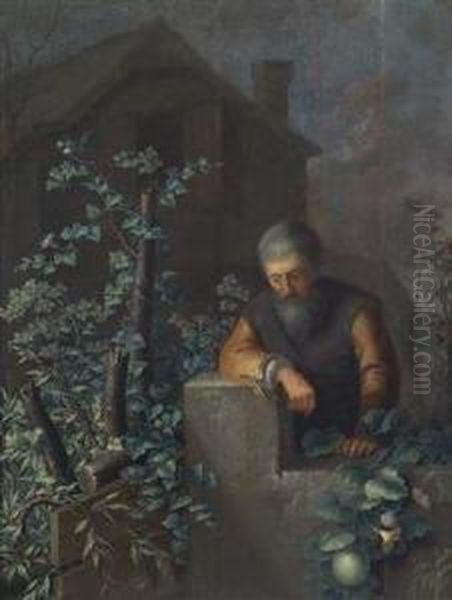 A Man Examining A Frog Oil Painting by Prokop Steinel