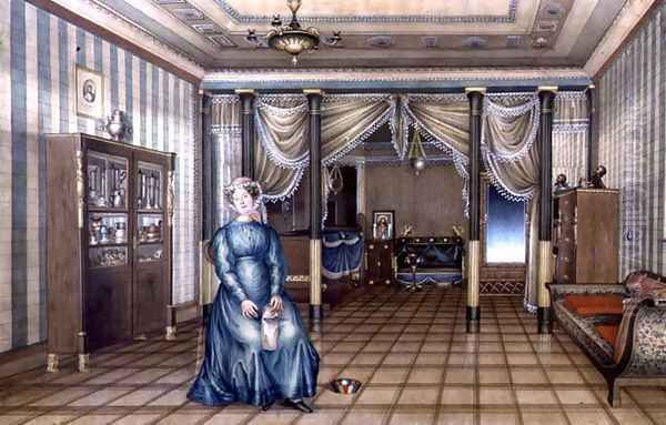 A Spinster in a Neo-Classical Sitting Room Interior, c.1835 Oil Painting by Anonymous Artist