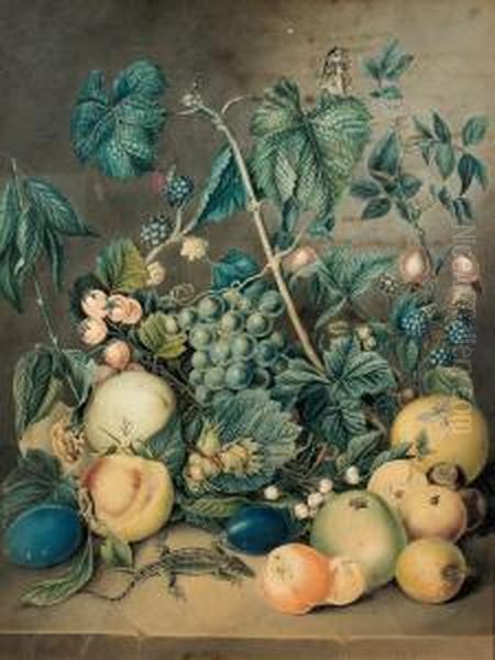 Fruchtestillleben Mit Eidechse. Oil Painting by Emanuel Steiner