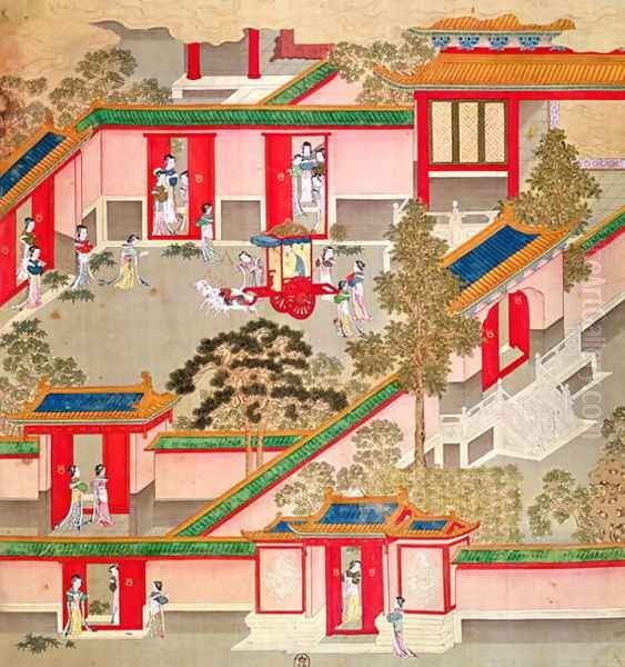 Emperor Wu Ti (156-87, r.141-87 BC), leaving his palace, from a history of Chinese emperors Oil Painting by Anonymous Artist