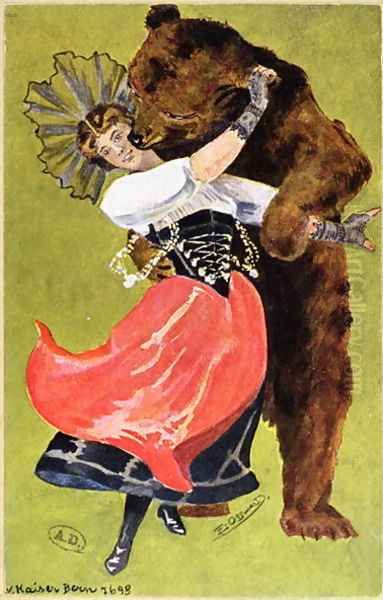 Postcard from Bern depicting a woman and a bear, c.1900 Oil Painting by Anonymous Artist