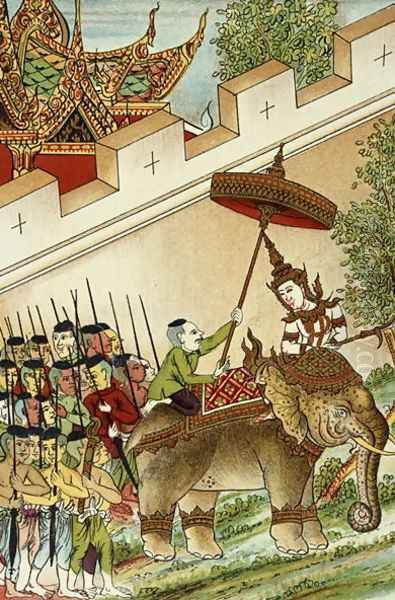 Vey Vonsga Mounting his Elephant Whilst his Army Wait, illustration from the Cambodian Legend of 'Vorvong and Saurivong', collected by Auguste Pavie on his Mission in Indo-China, 1879-95 Oil Painting by Anonymous Artist