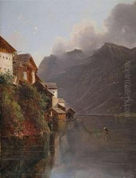 Mountainlake With Houses Of A Village. Oil Painting by Franz II Steinfeld