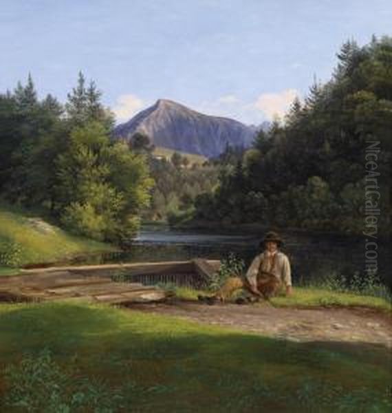 Boy Sitting By A Weir Oil Painting by Franz II Steinfeld