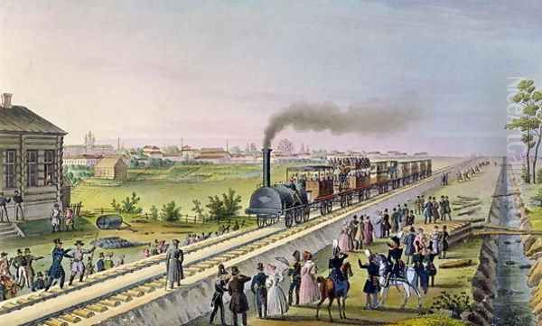 Opening of the First Railway Line from Tsarskoe Selo to Pavlovsk in 1837 Oil Painting by Anonymous Artist