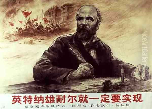 Eugene Pottier Writing 'The International', Chinese Propaganda Poster Oil Painting by Anonymous Artist