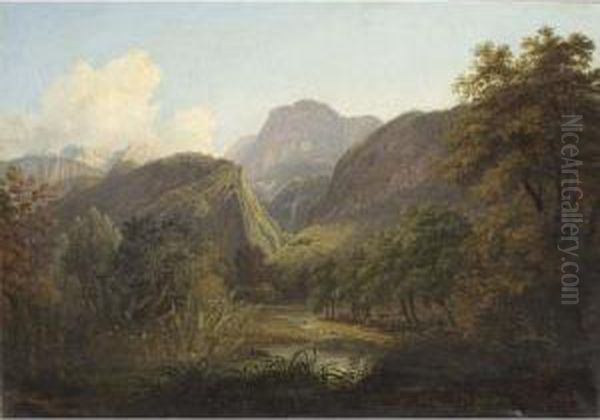 A Vieuw Of A Mountainous Landscape. Oil Painting by Joseph Steingrubel