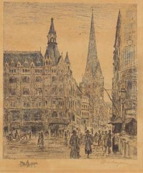 Hamburg, 
Bergstrase Mit Petrikirche Oil Painting by Heinrich Steinhagen