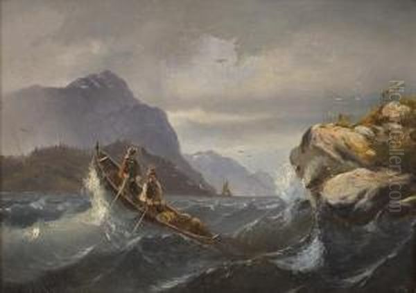 To Roende Menn I Fjordlandskap Oil Painting by Adolph Georg Gustav Steinhauser