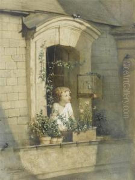 A Child At A Window Oil Painting by Louis Charles Auguste Steinheil