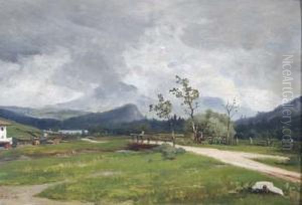 Gebirgslandschaft, Links Ein Gehoft Im Hintergrund Die Berge Oil Painting by Heinrich Steinike