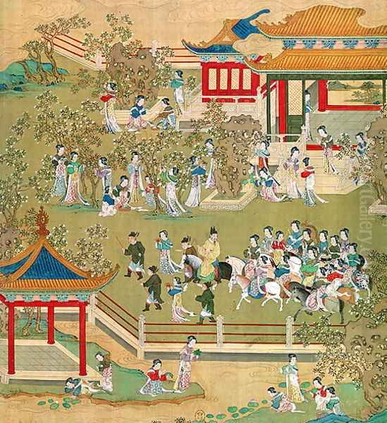 Emperor Yang Ti (581-618) strolling in his gardens with his wives, from a history of Chinese emperors 2 Oil Painting by Anonymous Artist